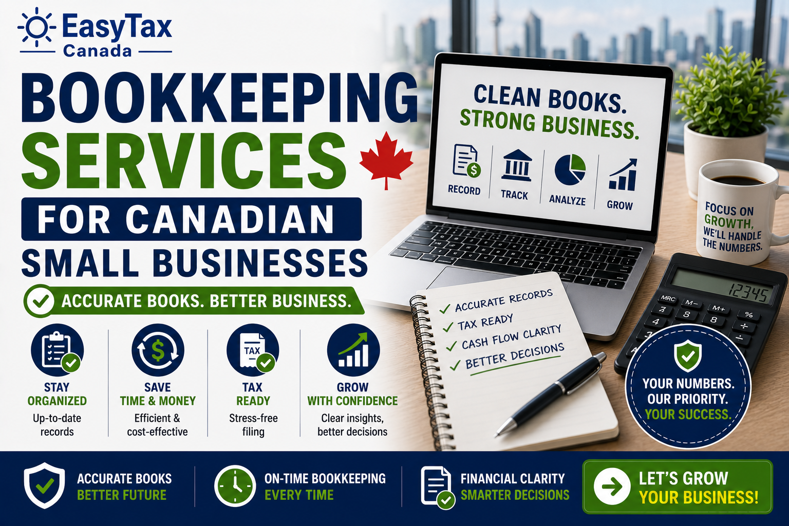 Bookkeeping services for Canadian small businesses infographic highlighting professional bookkeeping, financial record management, tax-ready books, cash flow tracking, financial reporting, and CRA-compliant bookkeeping services in Canada.