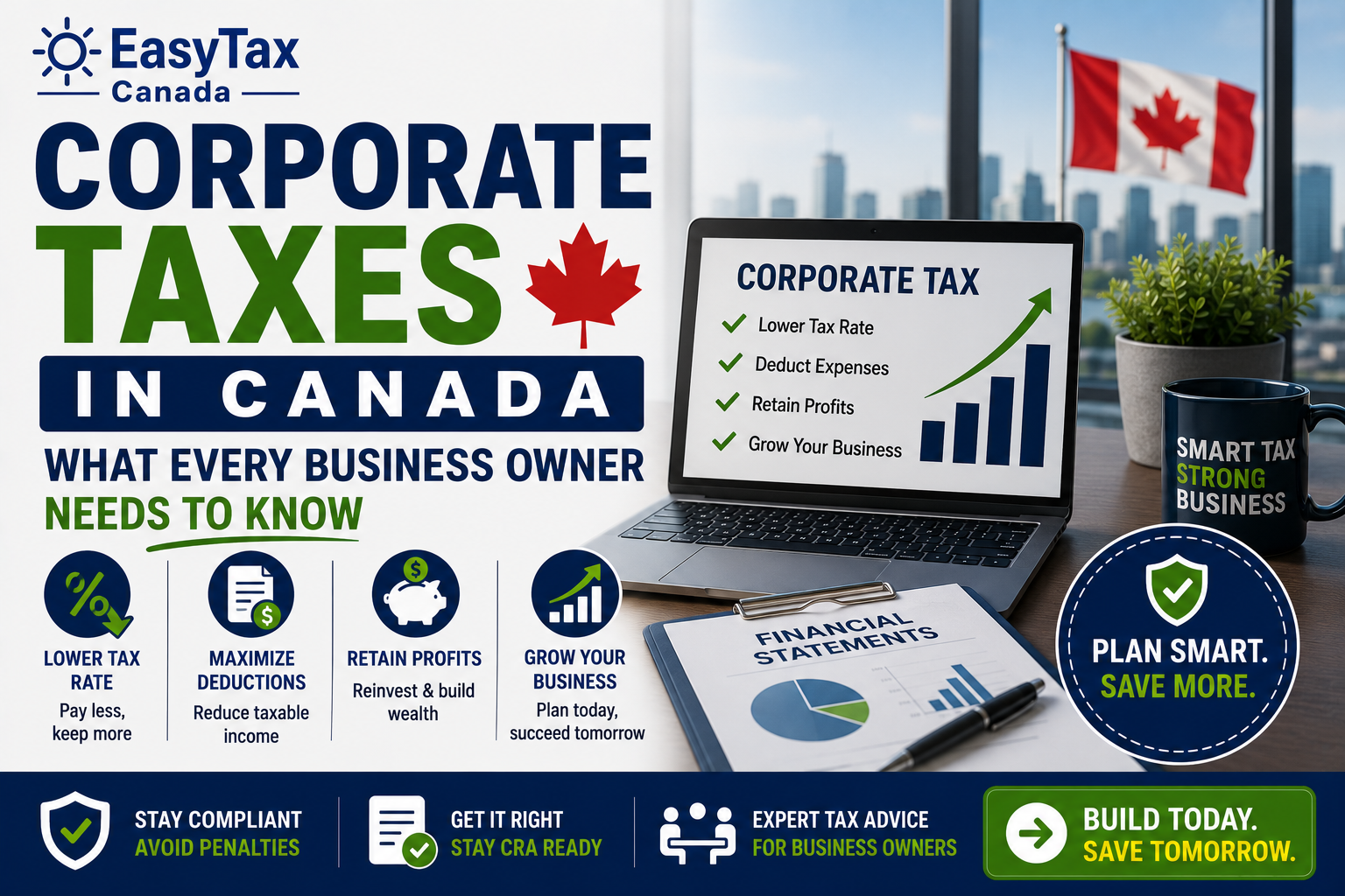 Corporate taxes in Canada guide for business owners explaining Canadian corporate income tax, tax deductions, small business tax rates, retained earnings, financial statements, CRA compliance, and corporate tax planning strategies.