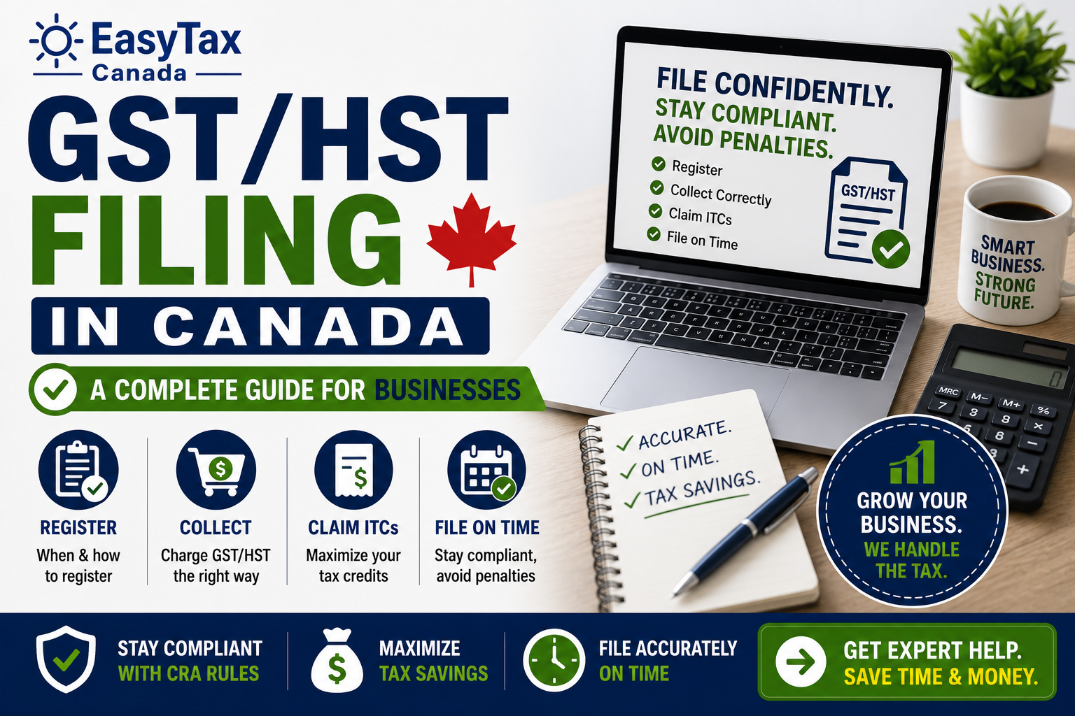 GST/HST filing in Canada guide for businesses explaining GST/HST registration, filing returns, claiming Input Tax Credits (ITCs), CRA compliance, and GST/HST tax reporting for Canadian businesses.